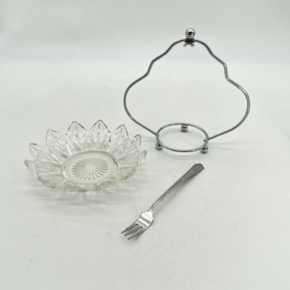 Vtg Seafood Server Glass Dish Scallop Edges Stainless Fork Handle Relish Dish - Picture 10 of 13